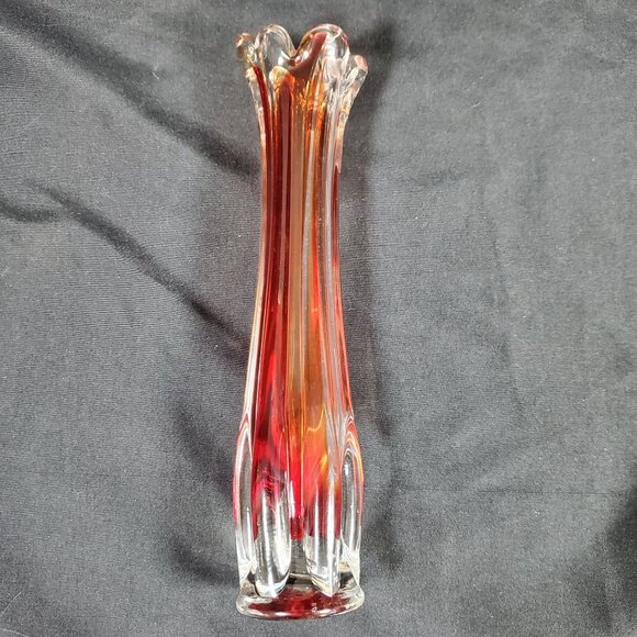 Vintage Amberina Red Orange Art Glass Bud Vase | Mid Century Hand Blown Ruffled - Picture 11 of 13